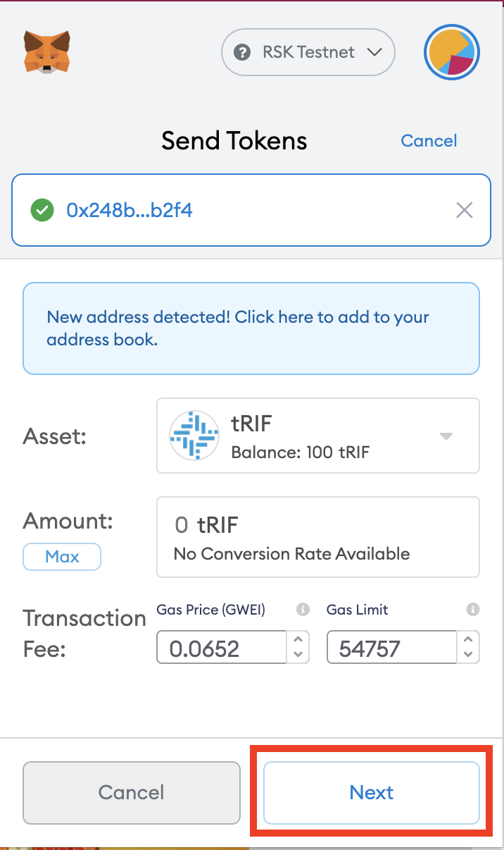 Metamask Send tRIF Next