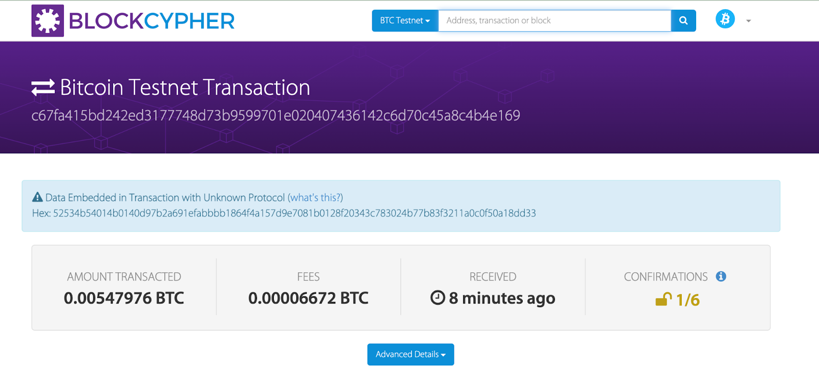 View transaction on Blockcypher